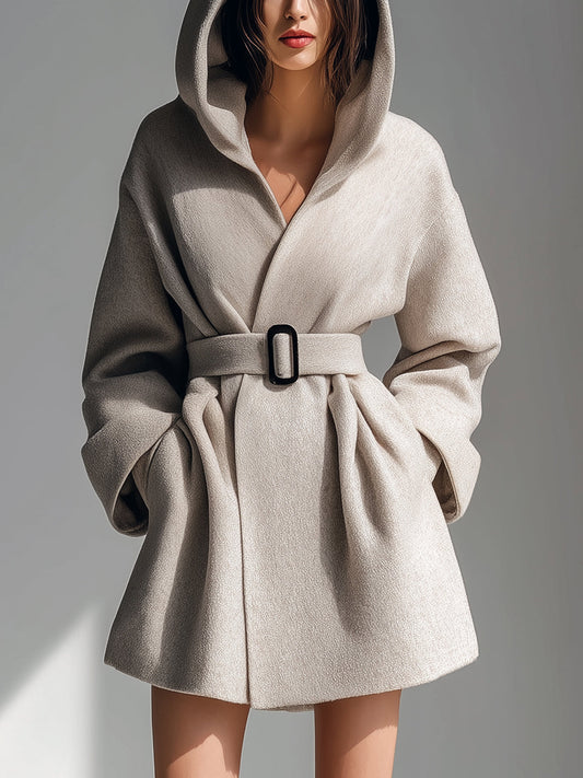 Taidalw Chic Vintage Beige Gray Wool Blend Hooded Belted Slouchy Short Coat