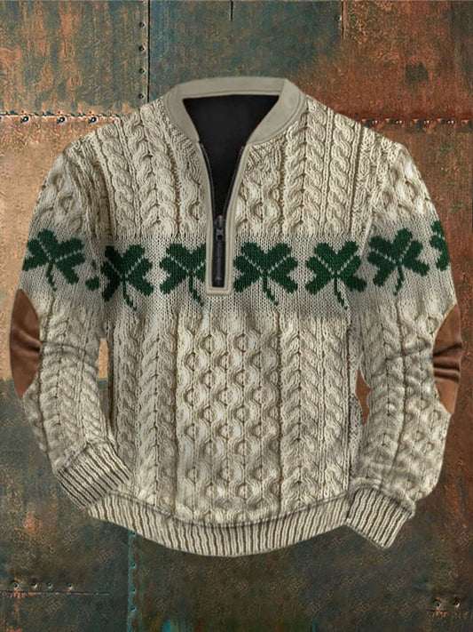 Men's St. Patrick's Day Shamrock Faux Sweater Zip-Up Pullover