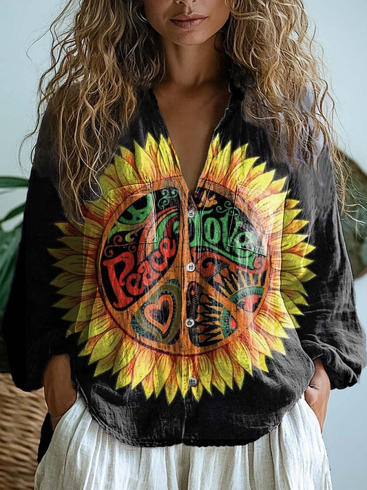 Women's Peace & Love & Sunflower Print Casual Long Sleeve Comfortable Cotton Shirt