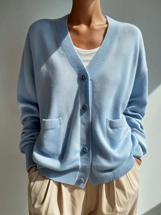 Taidalw Casual Light Blue V-Neck Single-Breasted Double Pocket Slouchy Knit Cardigan