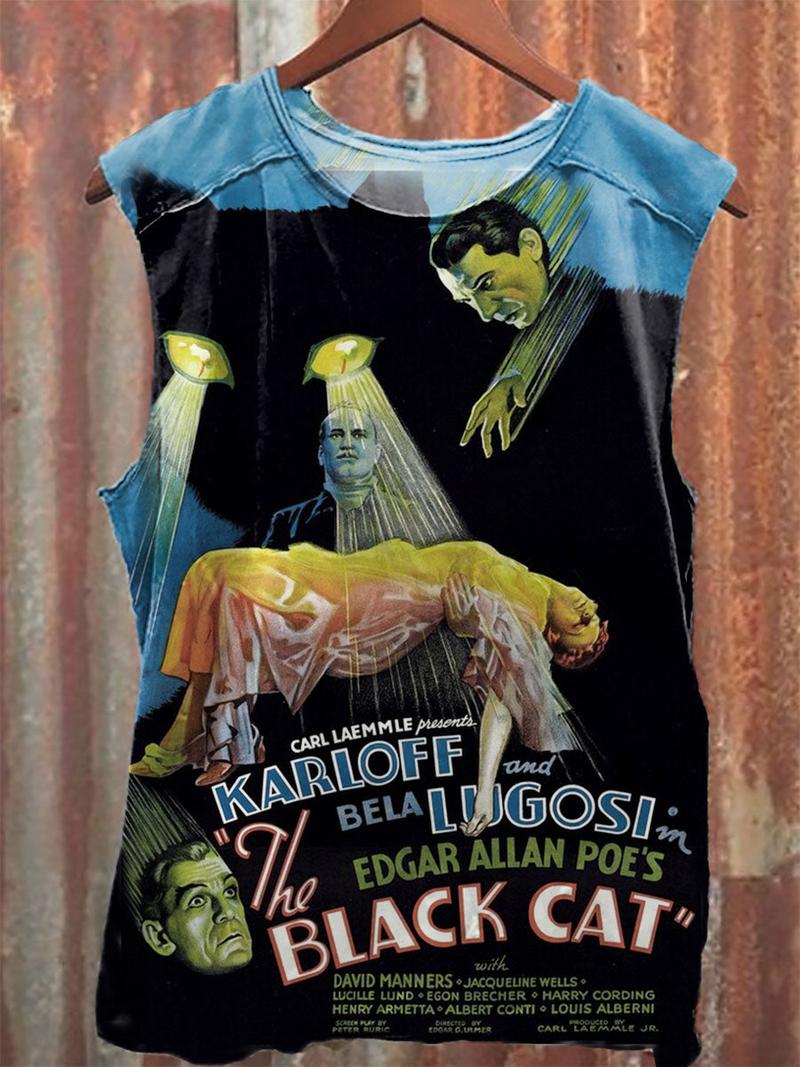 Black Cat Print 100% Cotton Casual Tank Top