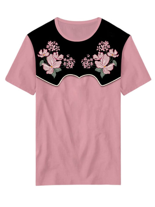 Women's Western Pink Floral Print Crew Neck T-shirt