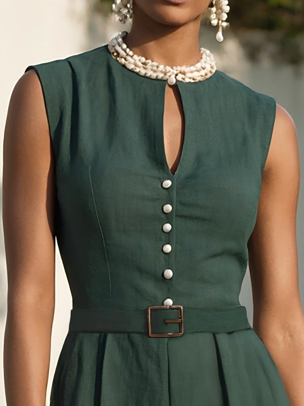 Linen Jumpsuit , Sleeveless, V Neck, Plain, Button Design, Vintage, Green