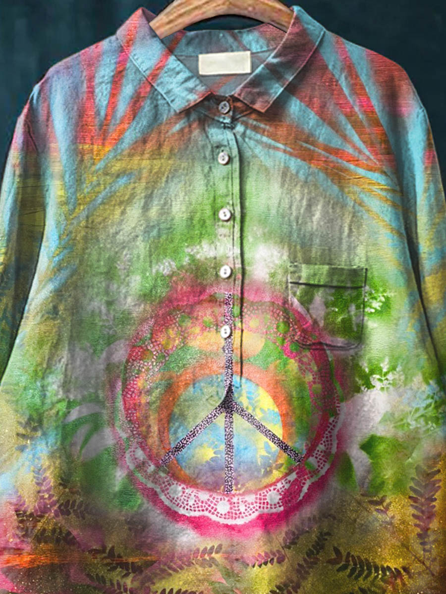 Women's Retro Peace Art Pattern Print Casual Cotton And Linen Shirt