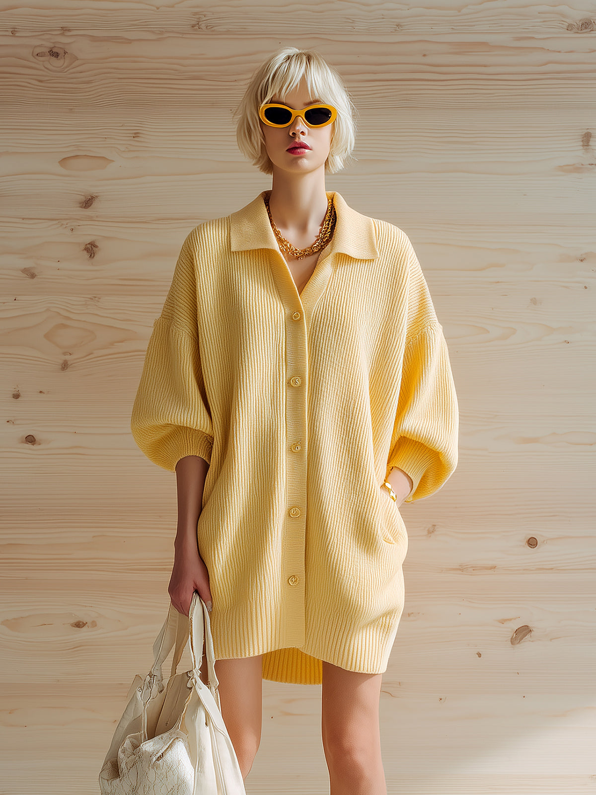 Taidalw Chic Vintage Yellow Lapel Single-Breasted Half-Sleeve Oversized Ribbed Knit Cardigan Dress