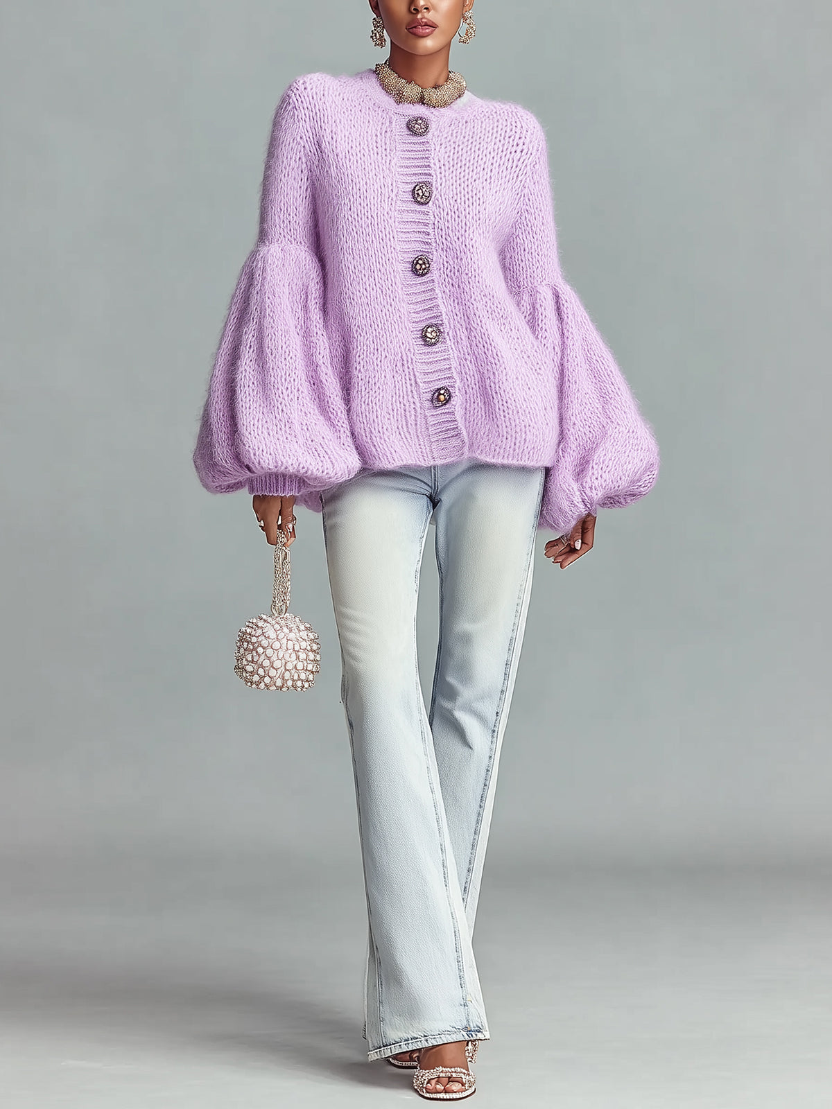 Taidalw Chic Vintage Lavender Crew Neck Button Details Oversized Bell Sleeve Fuzzy Knit Cardigan