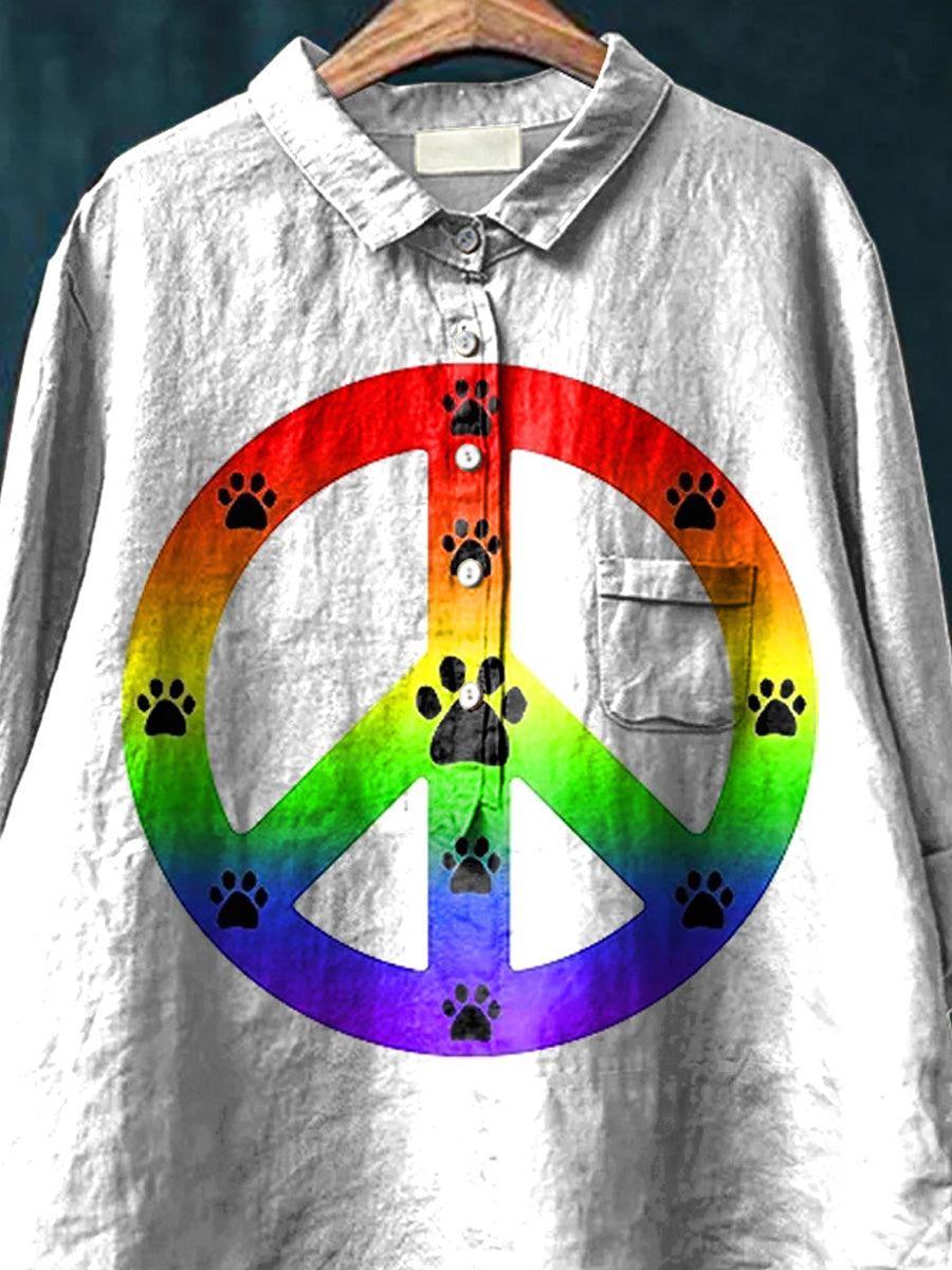 Love Peace And Animal Graphic Printed Women's Casual Cotton And Linen Shirt