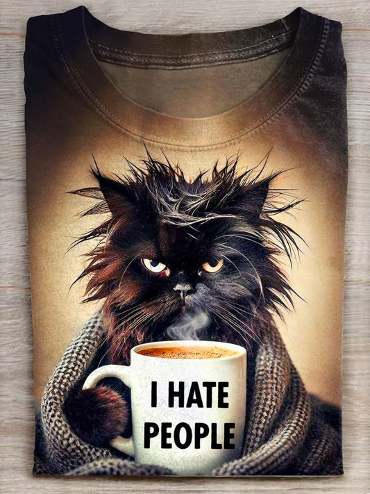 Funny I Hate People Black Cat Art Print Casual Short Sleeve T-shirt