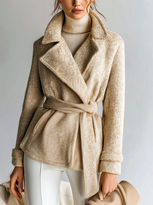 Taidalw Chic Vintage Khaki Herringbone Wool Blend Shawl Lapel Belted Short Jacket