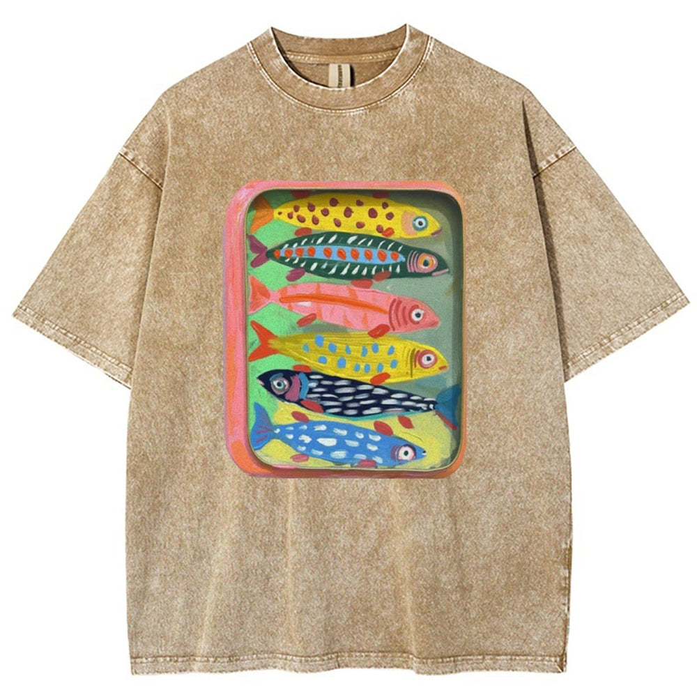 Unisex Canned Sardines Printed Casual Washed T-shirt