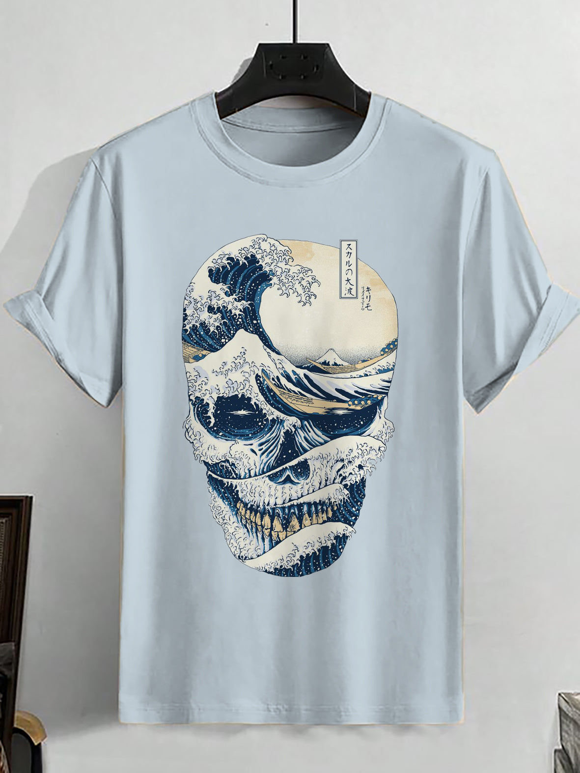 100% Cotton Skull Japanese Sea Wave Art Print Casual T-Shirt
