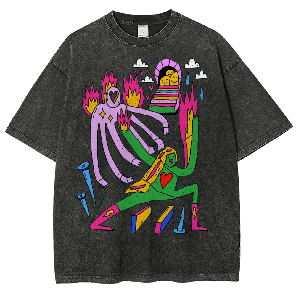 Unisex Art Abstract People Printed Washed Tee