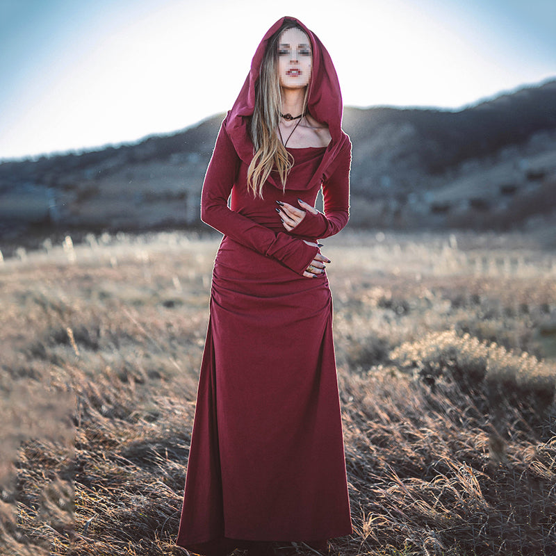 Hollow Star Totem Hooded Retro Long Sleeve Maxi Dress