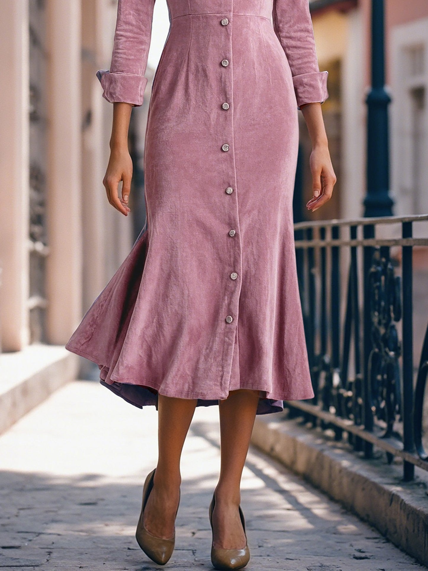 Midi Cotton Dress, Half Sleeve, Boat Neck, Plain, Button Design, Vintage, Pink