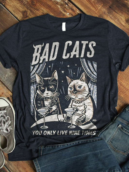 Vintage Funny Cat Art Print Casaul Short Sleeve T-shirt