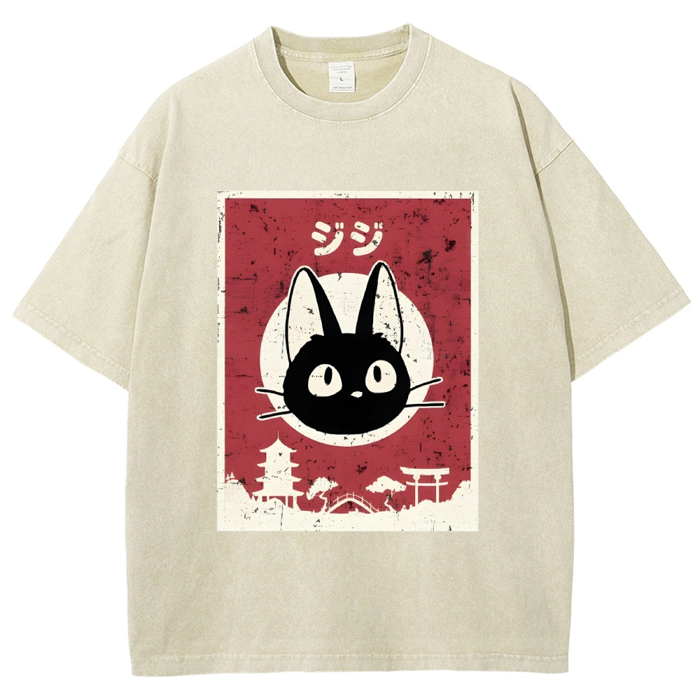Unisex Cat Printed Washed Tee