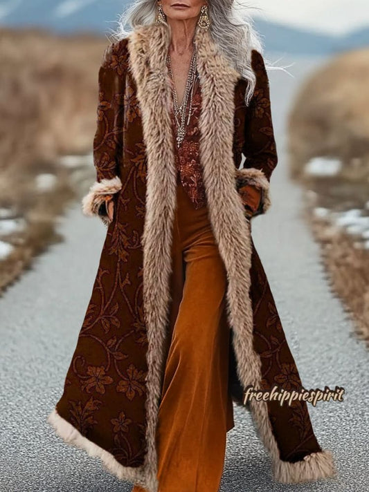 Women's Vintage Ethnic Floral Art Print Fur Patchwork Long Afghan Coat