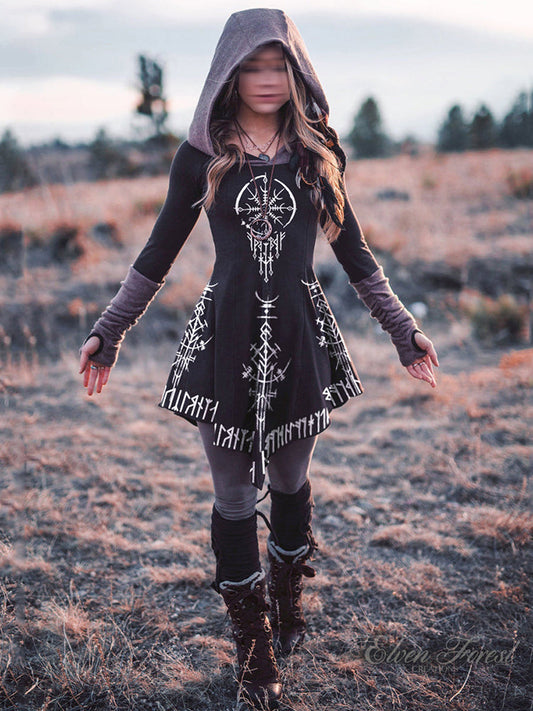 Vintage Tribal Totem Text Print Hooded Dress