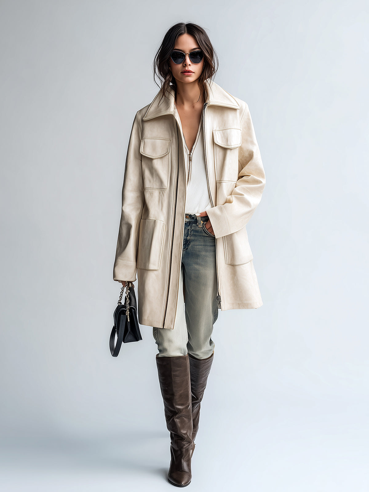 Taidalw Chic Vintage Cream White Faux Leather Oversized Pocket Lapel Zipper- Front Mid-Length Utility Coat