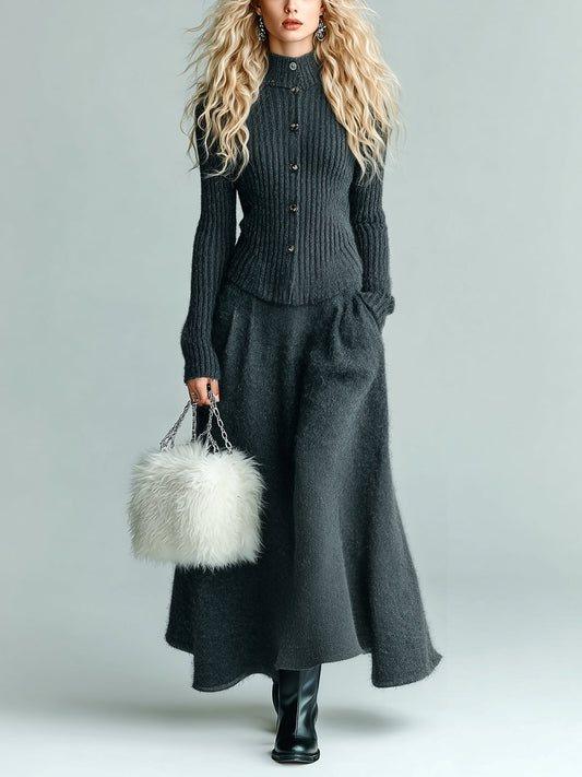 Taidalw Chic Elegant Dark Gray Mock Neck Single-Breasted Long Sleeve Slim Fit Ribbed Cardigan Flared Maxi Skirt Knit Two-Piece Set