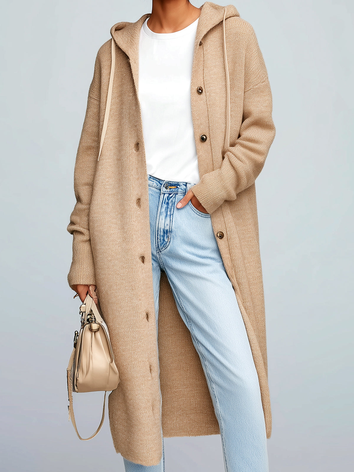 Taidalw Chic Vintage Khaki Hooded Single-Breasted Maxi-Length Slouchy Knit Cardigan