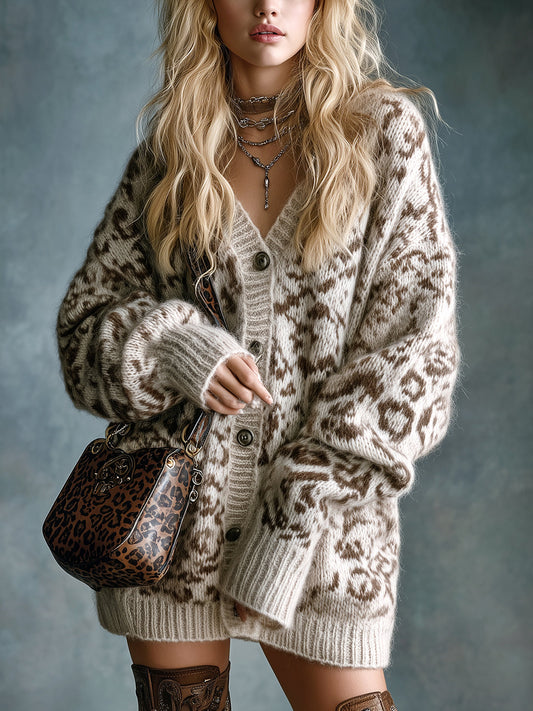 Taidalw Casual Chic Leopard Jacquard V-neck Single-breasted Oversized Long-sleeved Mohair Knit Cardigan