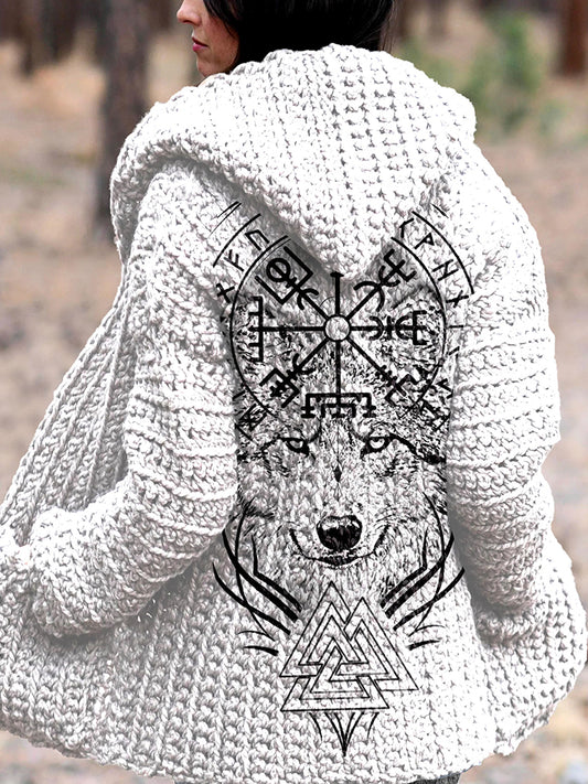 Vintage Viking Totem Wolf Print Cozy Hooded Cardigan Sweater