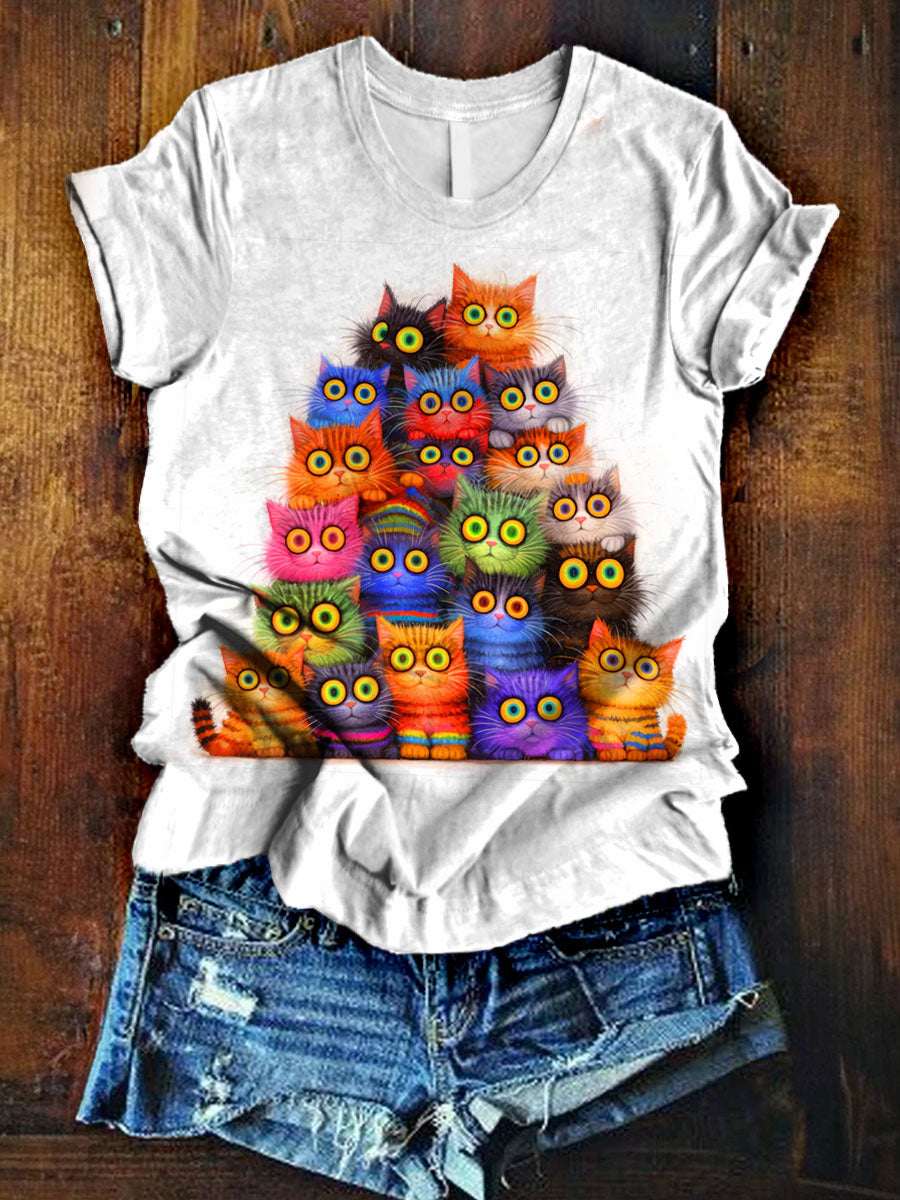 Quirky Cat Pyramid Art Print Casaul T-shirt