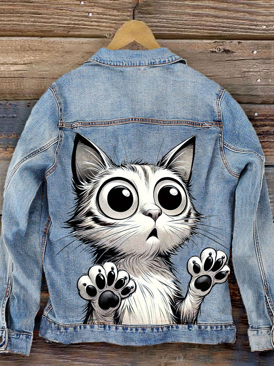 Cute Cat Art Print Casual Denim Jacket