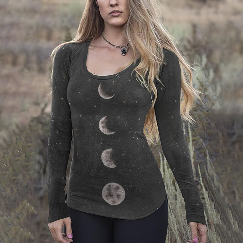 Western Tribal Moon Geometry Print Long Sleeve T-Shirt