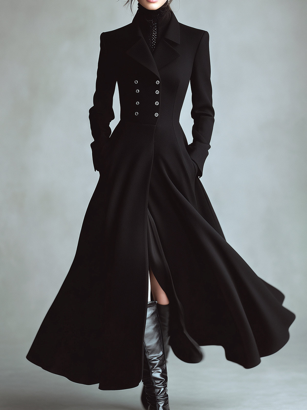 Taidalw Elegant Vintage Wool Blend Lapel Double-Breasted Tailored Waist Maxi Dress Coat