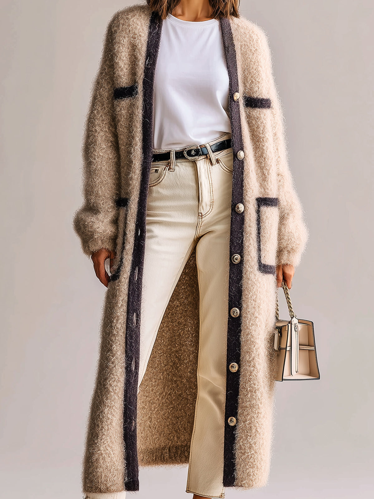 Taidalw Chic Vintage Light Khaki Single-Breasted Long Sleeve Patch Pocket Contrast Trim Fuzzy Knit Long Cardigan