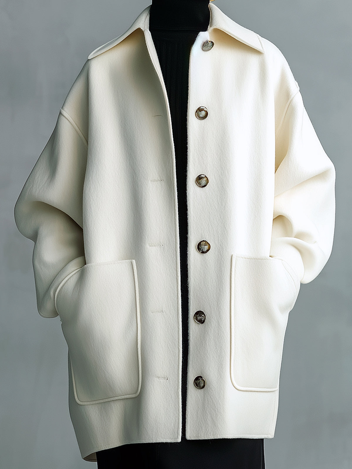 Taidalw Chic Vintage Cream White Wool Blend Lapel Single-Breasted Large Pocket Slouchy Mid-Length Coat