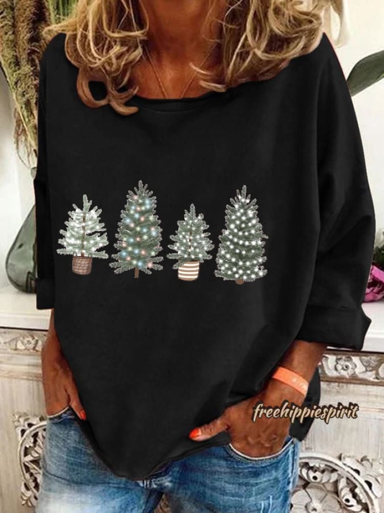 Women's Vintage Christmas Printed Long Sleeve V-Neck Top