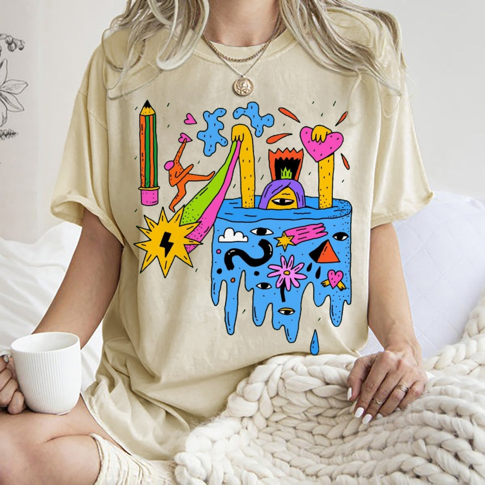 Unisex Abstract Art Eyes Printed Washed Tee