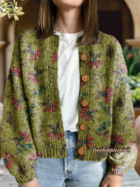 Women's Boho Floral Art Print Casual Button Cardigan Sweater