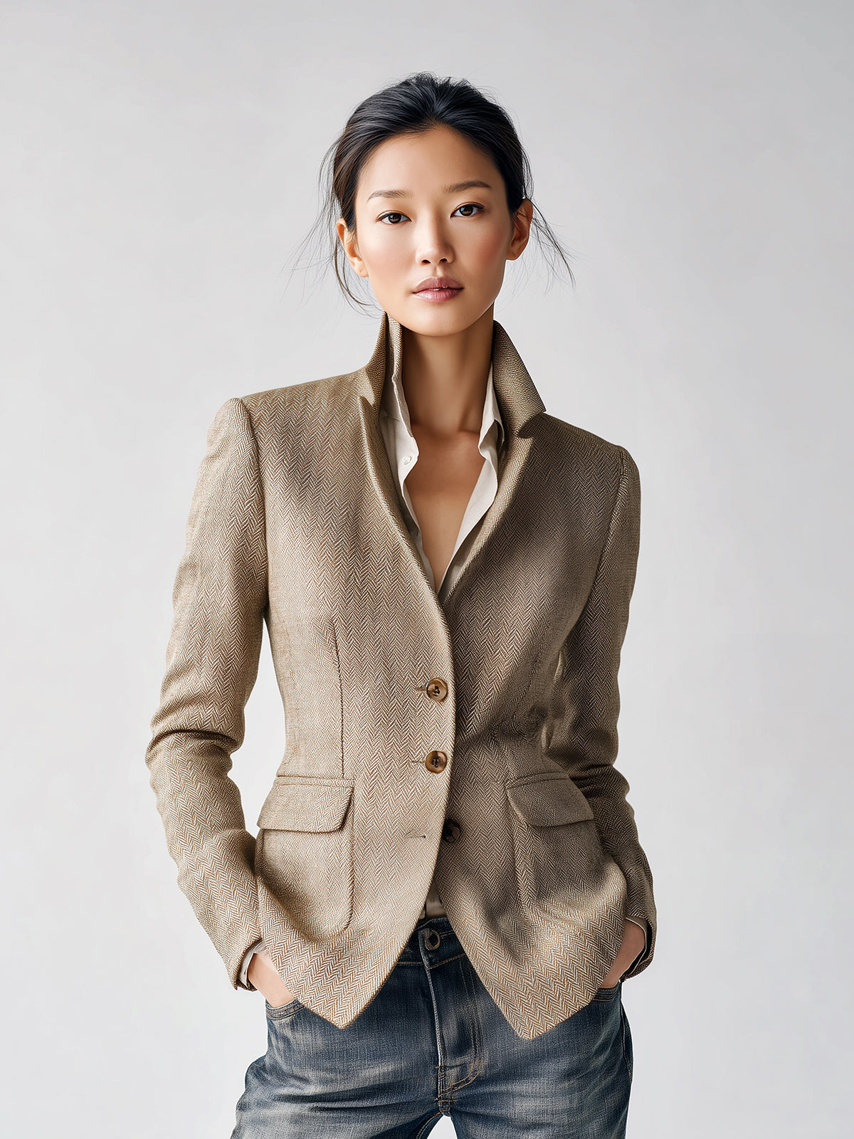 Taidalw Chic Vintage Khaki Herringbone Wool Blend Slim-Fit Single-Breasted Flap Pocket Blazer