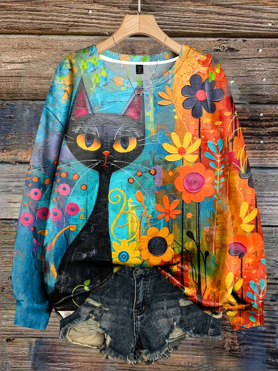 Black Cat Floral Art Print Casual  Sweatshirt