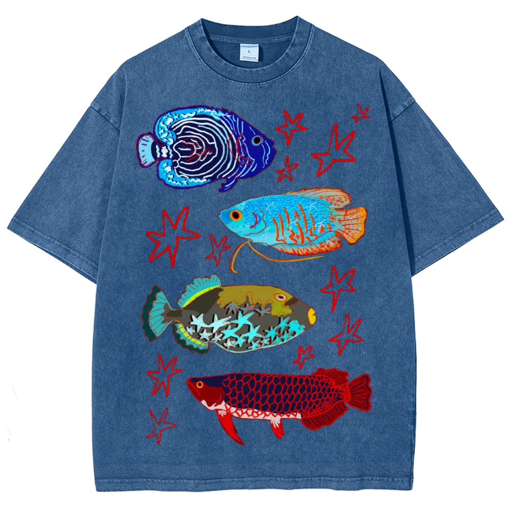 Unisex Colorful Cartoon Fish Washed Tee