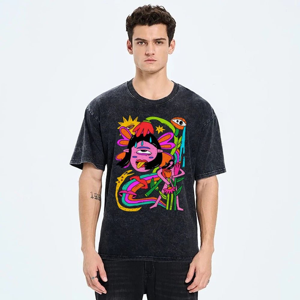 Unisex Abstract Art Human Face Eyes Printed Washed Tee