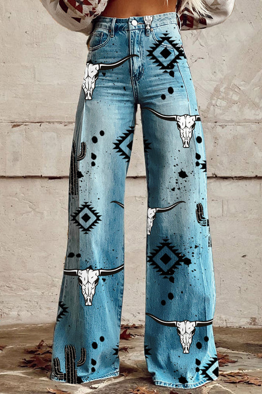 Western Aztec Cow Head Wide Leg Pants