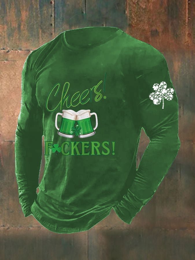 Men's Funny St. Patrick's Day Cheers Green Beer Shamrock Print Casual Long-Sleeve T-Shirt