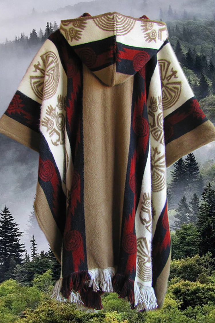 Ethnic Tribal Totem White Khaki Knitted Cape