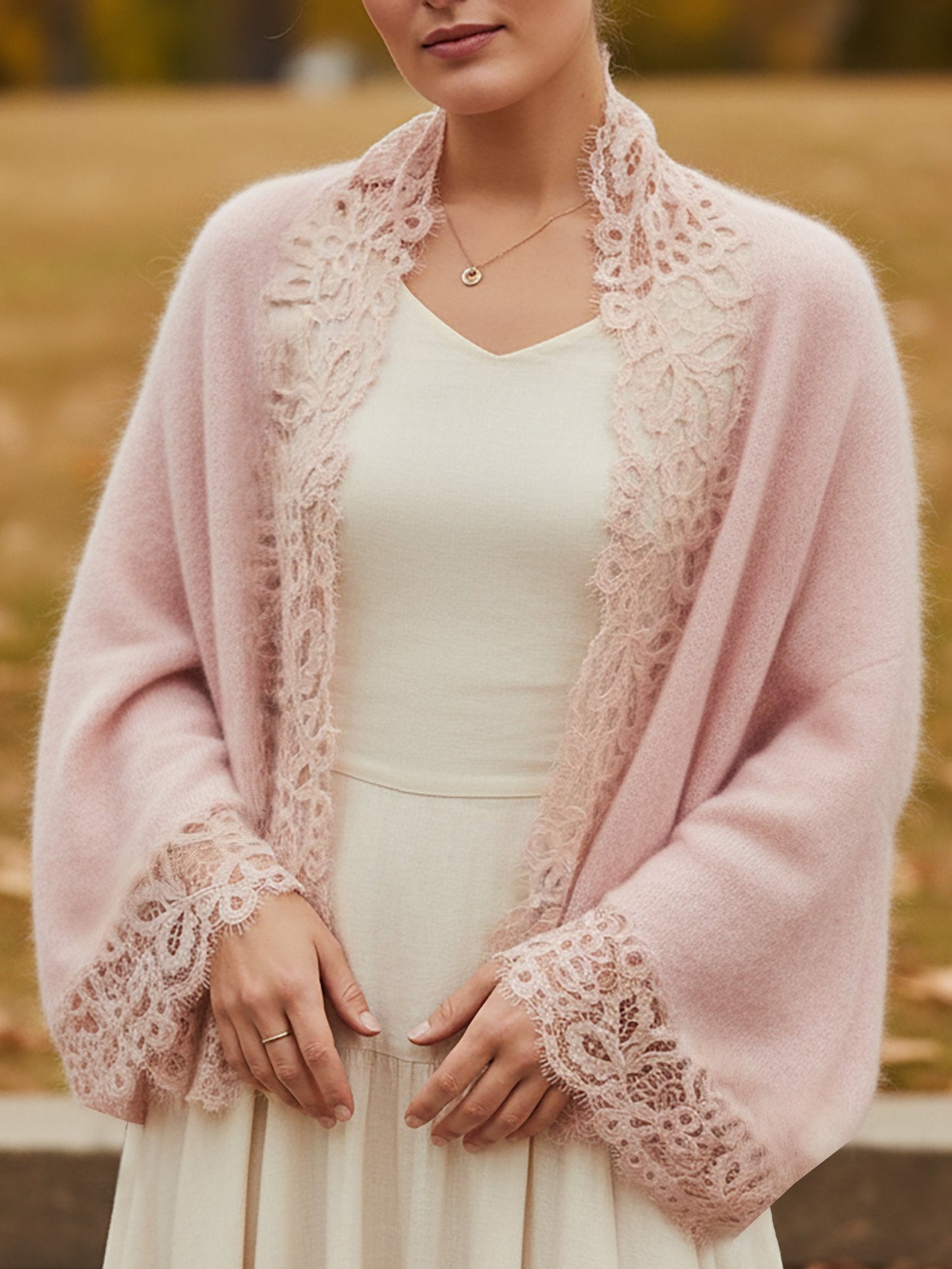 Cashmere Cardigan, Long Sleeves, V Neck, Plain, Lace, Vintage, Light Pink