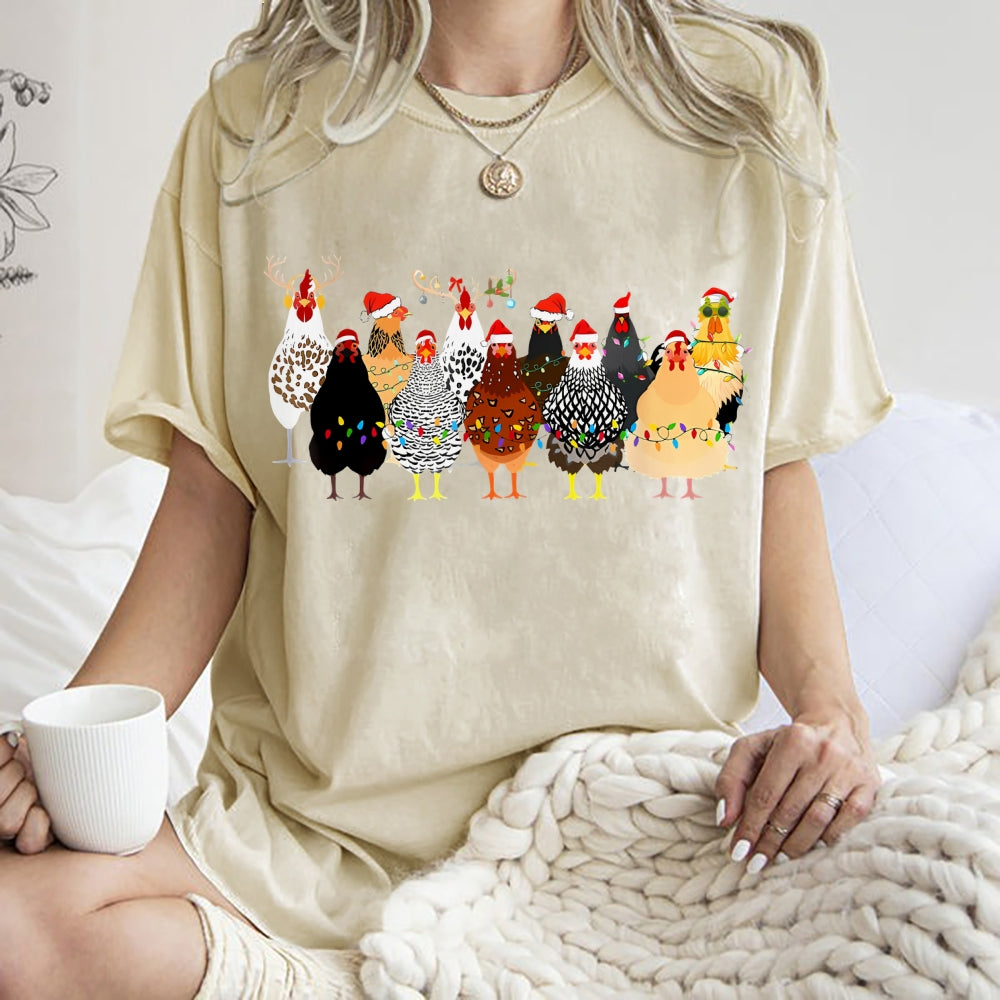 Unisex Christmas Chicken Printed Washed Tee