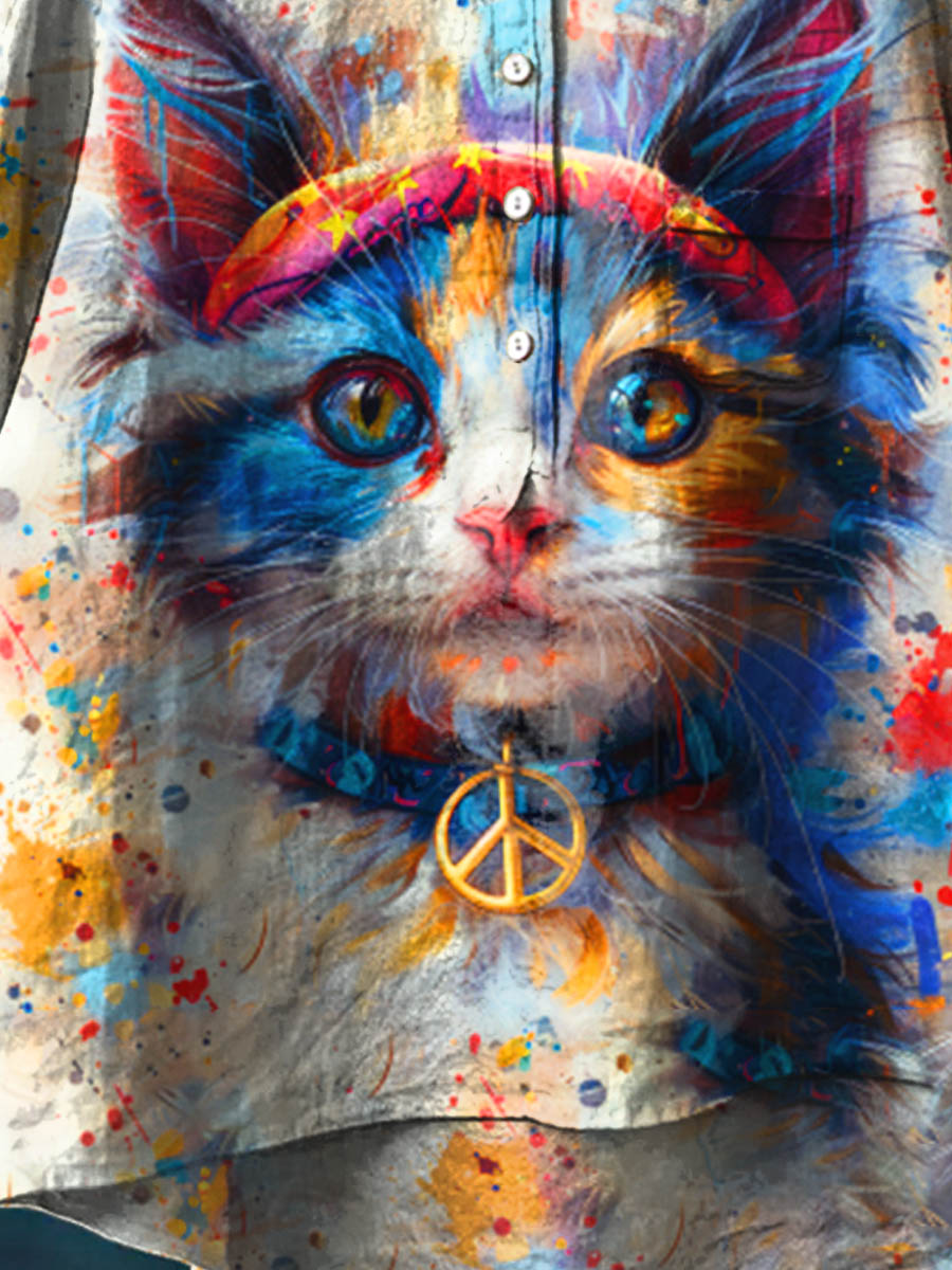 Peace And Love Cat Art Pattern Print Casual Cotton And Linen Shirt