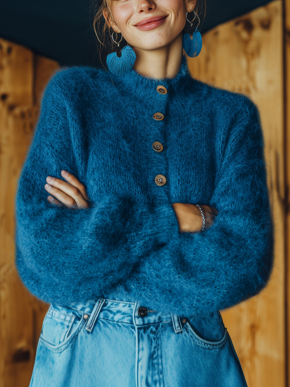 Taidalw Chic Vintage Royal Blue Stand Collar Single-breasted Lantern Sleeve Slim Fit Fuzzy Knit Cardigan