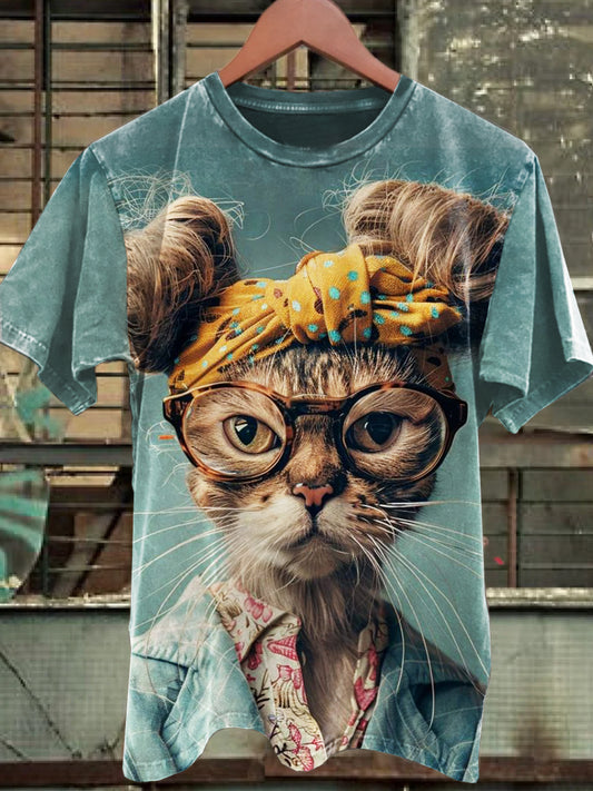 Funny Cat Print Casual Short Sleeve Top