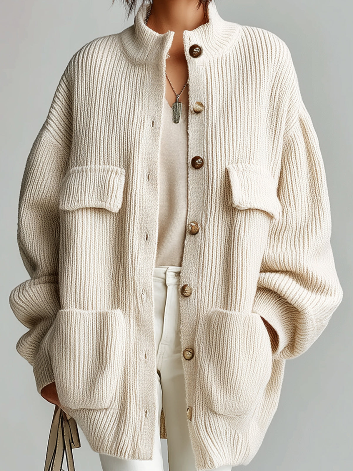 Taidalw Chic Vintage Cream White Stand Collar Utility Pocket Single-Breasted Oversized Ribbed Knit Cardigan