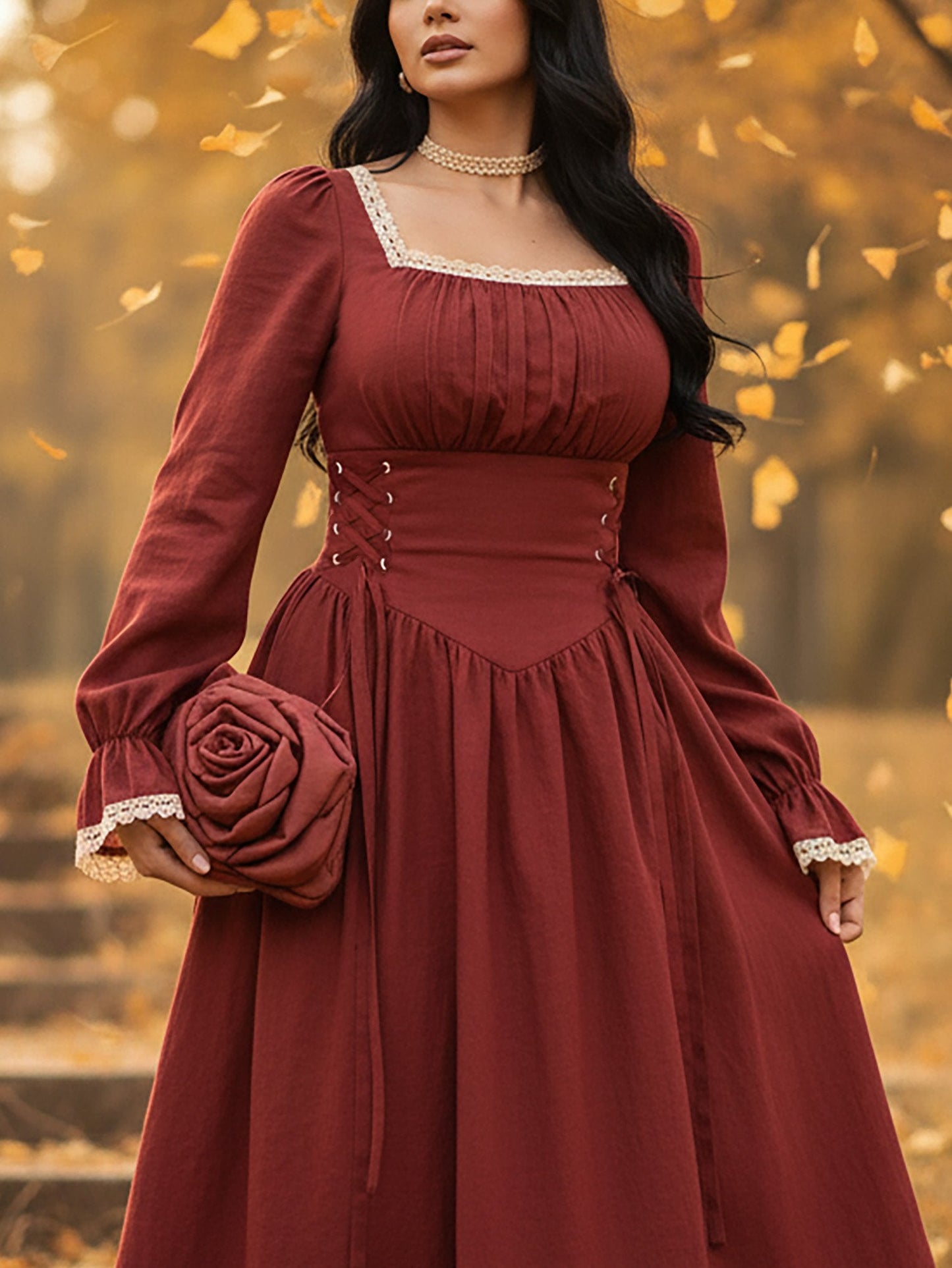 Maxi Linen Dress, Long Sleeves, Square Neck, Plain, Lace, French Vintage, Red